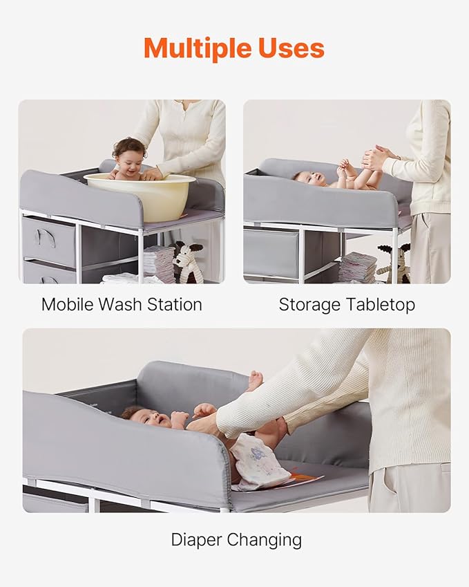 VEVOR Baby Changing Table, Adjustable Height Diaper Change Station with 3 Fabric Drawers & Lockable Wheels, Portable Multifunctional Changing Station Table with Storage Organizer Nursery, Gray