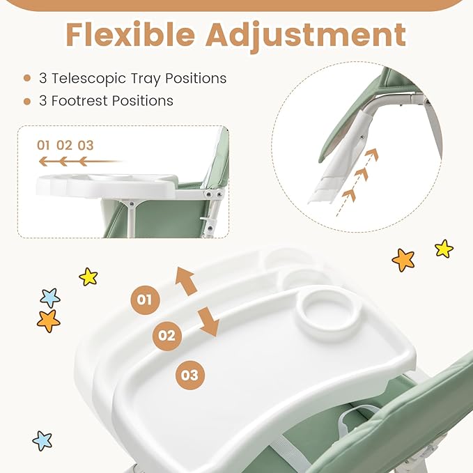 HONEY JOY High Chair, Foldable Baby Feeding Chair, Adjustable Tray & Footrest, Removable Easy-to-Clean PU Seat Cushion, 5-Point Harness, Cup Holder, Highchairs for Babies and Toddlers (Green)