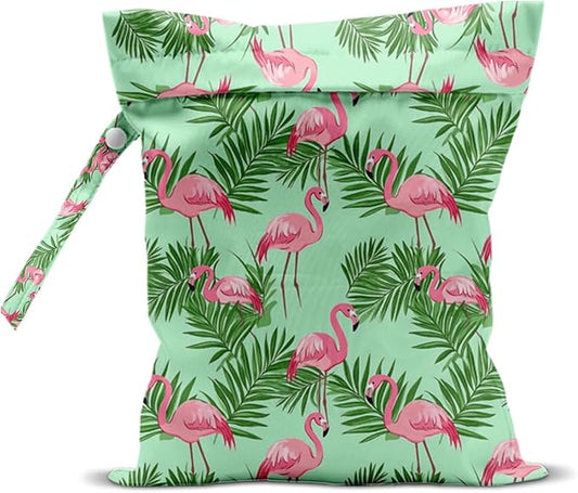 Wet Dry Bag Waterproof Reusable Palm Leaf Flamingo Wet Bag for Swimsuit, Travel, Beach, Pool, Diapers, Dirty Yoga Gym Clothes Toiletries Daycare Organizer