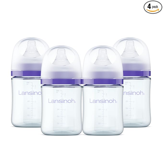Lansinoh Glass Baby Bottles, Anti-Colic, 5 Ounces, 4 Count Bottles for Feeding, Baby Essentials, Includes 4 Slow Flow Nipples, Size S