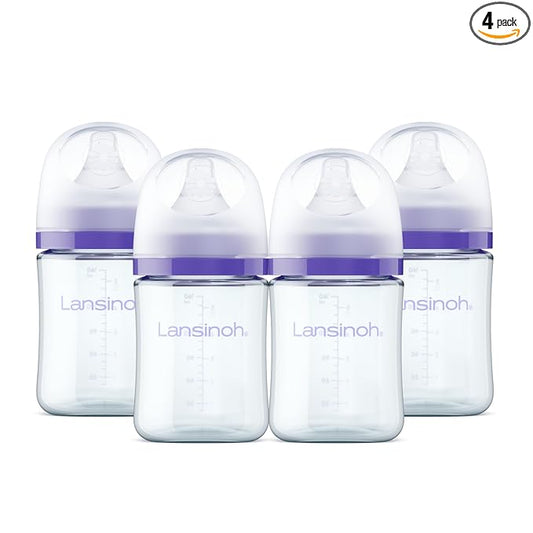 Lansinoh Glass Baby Bottles, Anti-Colic, 5 Ounces, 4 Count Bottles for Feeding, Baby Essentials, Includes 4 Slow Flow Nipples, Size S