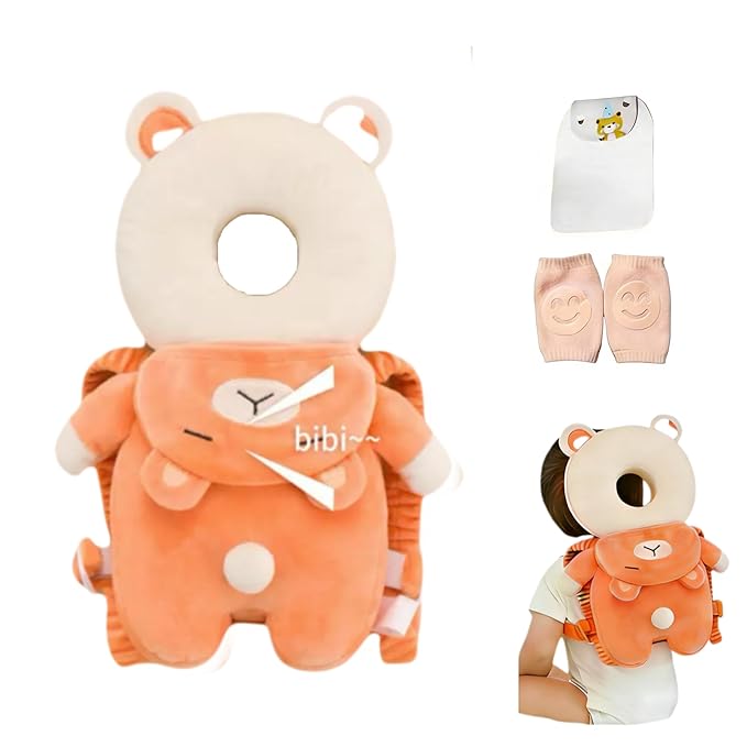 Baby Head Protector Backpack, Toddler Baby Head Protection Backpack with Baby Knee Pads Alarm Function for Walking & Crawling, Soft, Breathable and Wearing Safety Baby Head Protector- Orange Bear