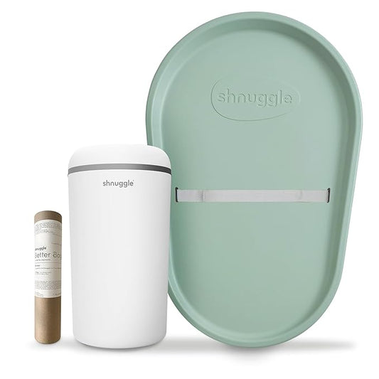 Shnuggle Changing Essentials Bundle - Squishy Changing Mat Eucalyptus + Eco-Touch Diaper Bin + Better Bag Liners - Wipeable, Odor-Locking, Eco-Friendly, No Costly Refills