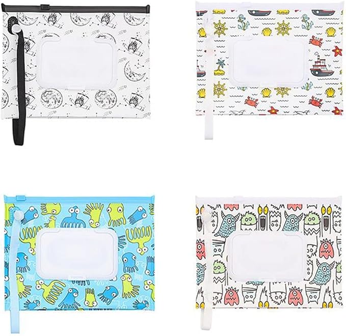 HomeSoGood 4Pcs Wet Wipes Bag Wipes with Easy-Carry Snap-Strap Portable Flip Cover Cosmetic Pouch Tissue Box Accessories(7.09inch)