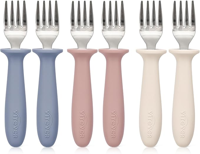 6 Pieces Toddler Forks，Kids Safe Utensils Set with Silicone Round Handle for Self Feeding，18/8 Stainless Steel Baby Forks，Children's Silverware Set BPA Free, Dishwasher Safe