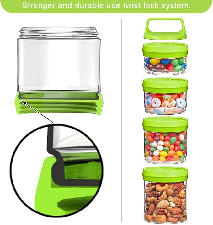 SELEWARE Stackable Snack Jars, Twist Lock Stackable Containers Set, Food Storage Travel Container for Storing Milk Protein Powder Snacks, BPA Free, 4-Piece for 1 Pack (Green, Total 31oz)