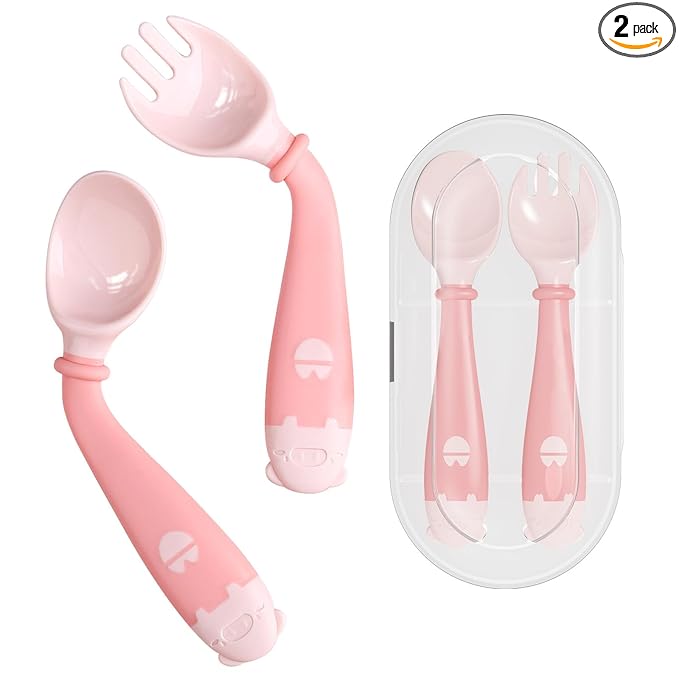 Deejoy Toddler Utensils, Self-feeding Flatware Set withTravel Case, Baby Spoons and Forks with Silicone Bendable Handle, Easy Grip Heat-Resistant, Ideal for Kids, Stage 2 Pink
