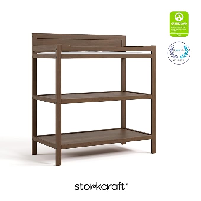 Storkcraft Alpine Changing Table (Hazelnut) - Includes Water Resistant Changing Pad with Safety Strap, 2 Open Shelves for Storage