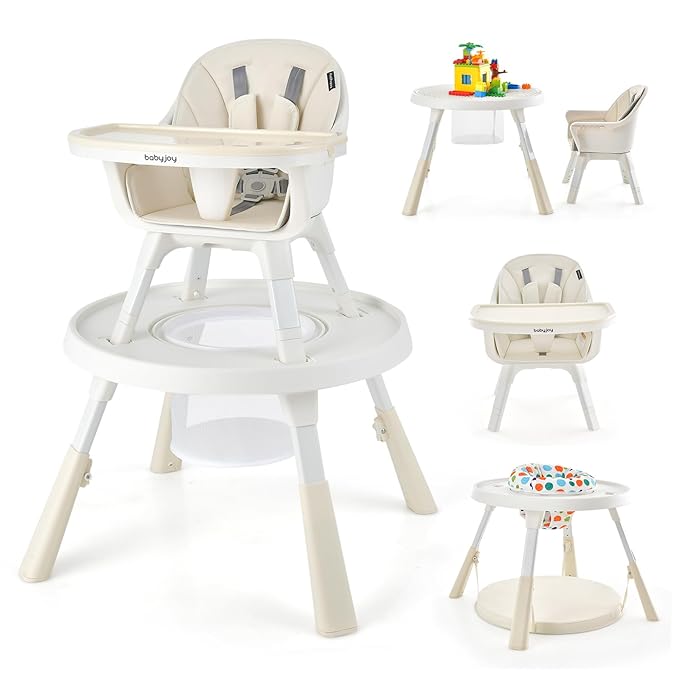 BABY JOY 7 in 1 Baby High Chair, Convertible High Chairs for Babies and Toddlers, Building Block Table, Toddler Chair with Adjustable Legs, Removable Tray, Storage Basket, Safety Harness (Beige)
