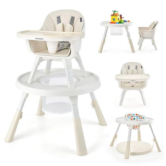 BABY JOY 7 in 1 Baby High Chair, Convertible High Chairs for Babies and Toddlers, Building Block Table, Toddler Chair with Adjustable Legs, Removable Tray, Storage Basket, Safety Harness (Beige)