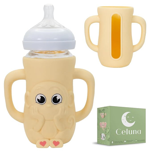 Silicone Bottle Sleeve for 8oz Philips Avent Natural Glass Bottle | Drop Protector + Easy Grip Handles | BPA Free Safe Material | Baby Bottle Not Included | Yellow Monkey