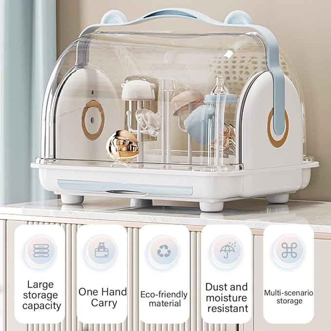 Baby Bottle Drying Rack Storage with 3 Brush, Nursing Bottle Storage Box Organizer with Cover, Portable Kitchen Cabinet Organizer, Durable countertop Dryer (Blue)