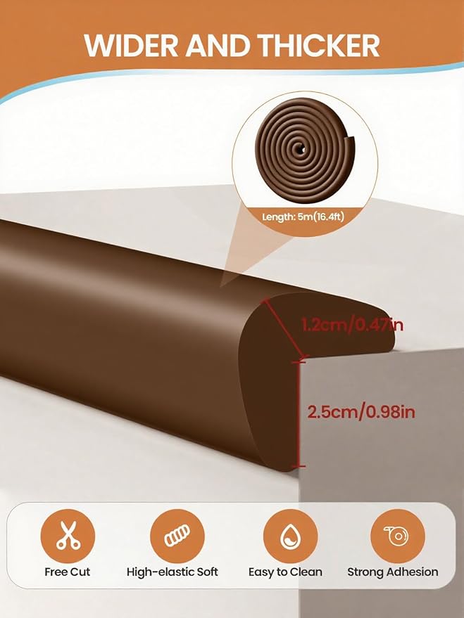 Baby Proof Edge Corner Protector, 16.4FT 0.47''Th L-Shape Furniture Corner & Edge Safety Bumper with 10 Corners, Pre-Taped, Soft NBR Rubber Foam Desk Edge Cushion Wall Corner Protector (Coffee)
