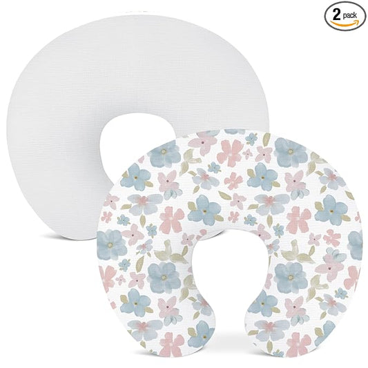 Nursing Pillow Covers 2 Pack, Muslin Nursing Cover for Breastfeeding Pillows, Comfortable for Baby Girls and Boys Covers (Flower-C & White)
