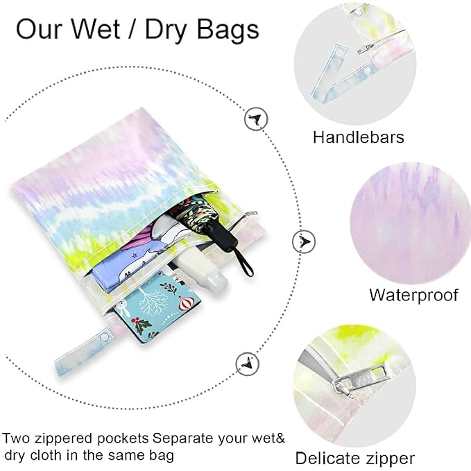 visesunny Rainbow Ink Tie Dye 2Pcs Wet Bag with Zippered Pockets Washable Reusable Roomy Diaper Bag for Travel,Beach,Daycare,Stroller,Diapers,Dirty Gym Clothes,Wet Swimsuits,Toiletries
