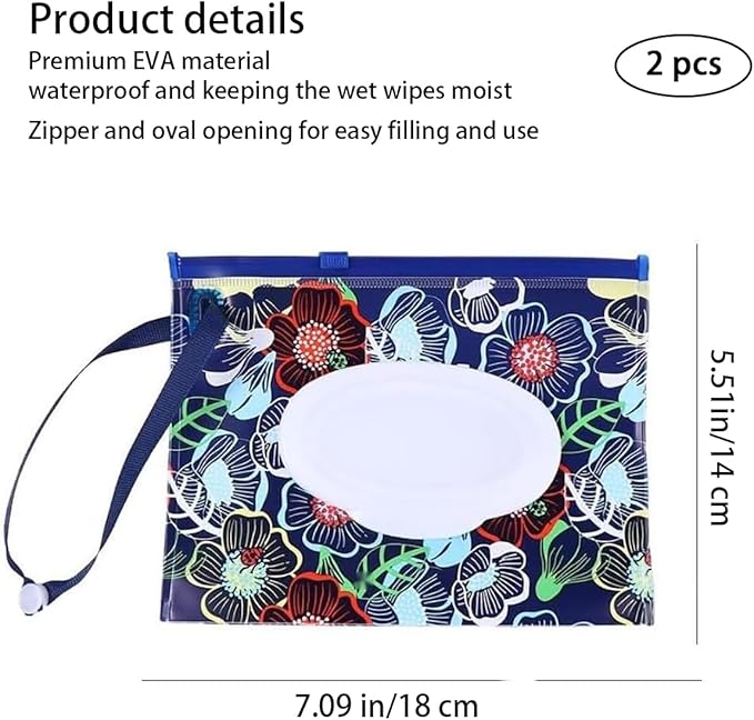 2 Pcs Protable Reusable Wipes Pouch, Travel Wipes Case, Baby Wipes Case, With Zipper and Oval Opening