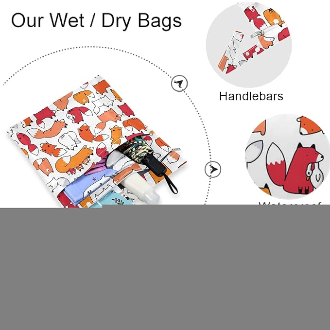 visesunny Funny Fox Animal 2Pcs Wet Bag with Zippered Pockets Washable Reusable Roomy Diaper Bag for Travel,Beach,Daycare,Stroller,Diapers,Dirty Gym Clothes,Wet Swimsuits,Toiletries