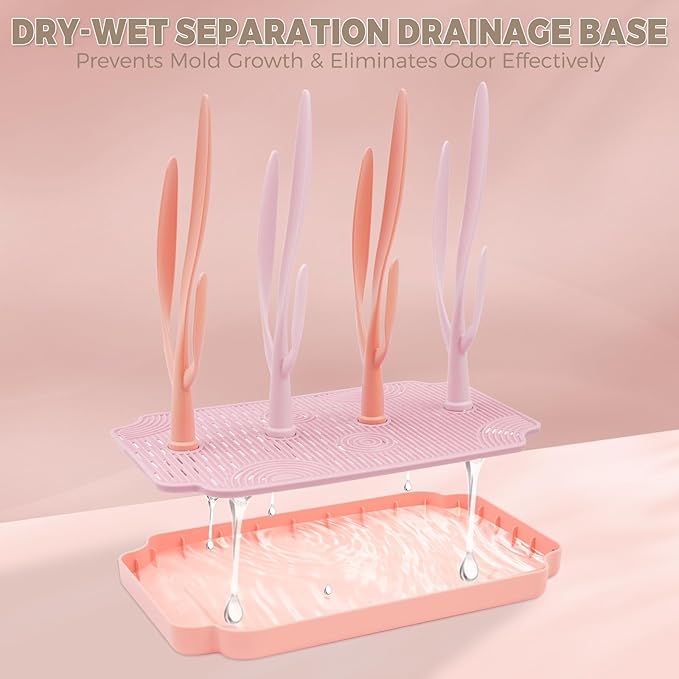 Baby Bottle Drying Rack with Tray – Space Saving Bottle Organizer & Drying Holder for Bottles, Cups, Nipples and Pump Parts – Countertop Rack for Baby Feeding Supplies (Purple/Pink)