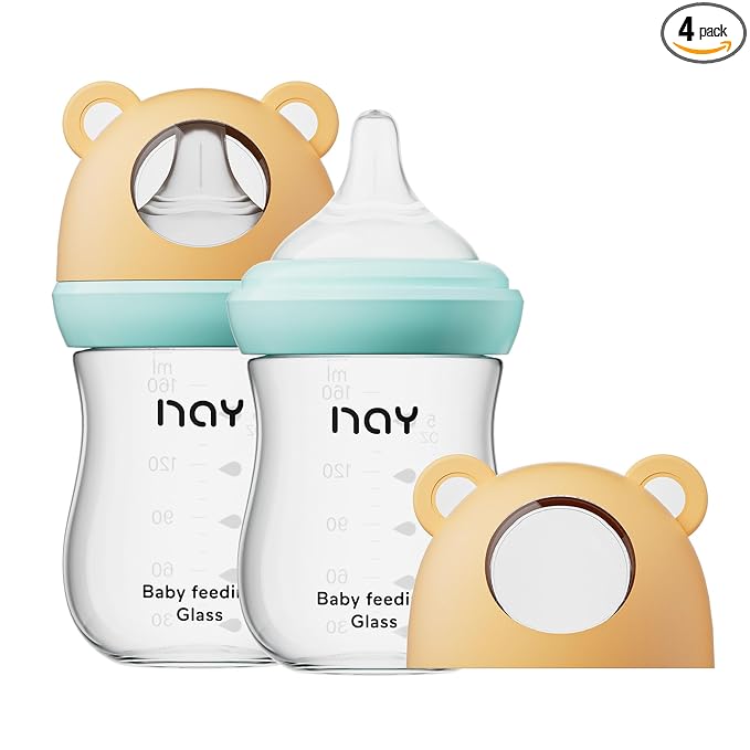 yanyoyo Natural Glass Baby Bottle for Breastfeeding Babies, 5.4oz Anti-Colic Baby Bottle with Natural Response Nipple(S), Clear, Wide Neck, 2 Pack, 1 Months+