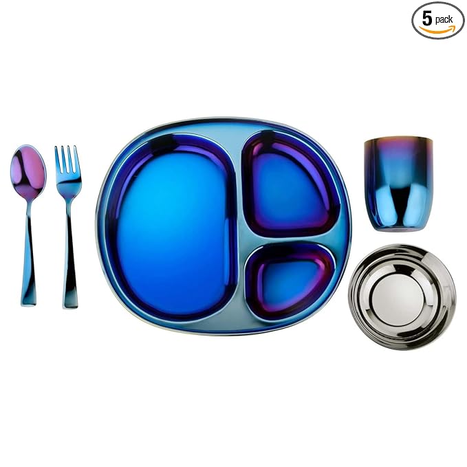 Ahimsa Stainless Steel Kids Dinnerware Set, Pediatrician Designed, 5 Piece Toddler Plates and Bowls Set, Stainless Steel Divided Plate, Cup and Kids Utensils, Blue