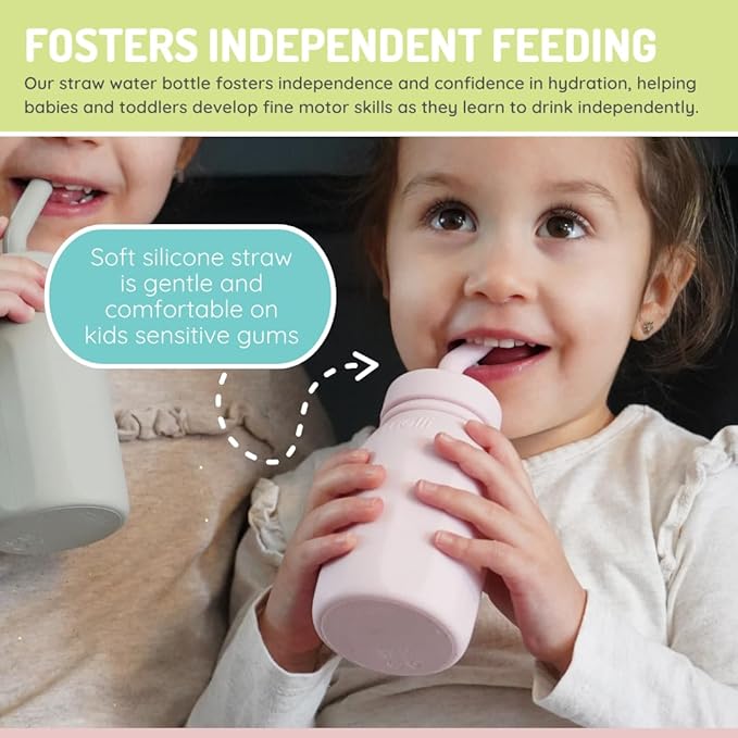 Silicone Water Bottle with Straw for Babies, Toddlers & Kids, BPA Free, Pink
