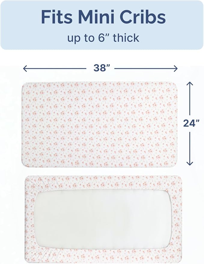 2-Pack Mini Crib Sheets Fitted - Pack N Play Sheets for Pack and Play Mattress - Stretchy Soft Microfiber Playard Bedding - Mini Toddler Bed Cover Boys & Girls - Easy-Fit, Oeko-Tex, 38 x 24in - Floral