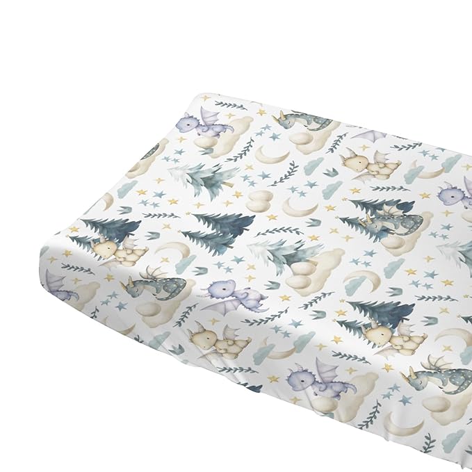 Fairytale Dragons Baby Changing Table Pad Covers Boy Girl 32''x16'' Cute Dragons Eggs Moon Stars Trees Fitted Diaper Change Table Mats Dreamy Animal Soft Breathable Nursery Cradle & Bassinet Sheets