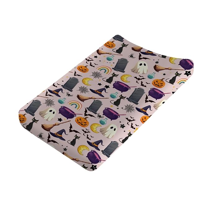 Halloween Boho Changing Pad Cover Spooky Witch Pumpkin Cat Bat Rainbow Baby Changing Pad Table Sheets for Boy Girl Halloween Moon Night Soft Stretchy Fitted Diaper Changing Table Mats 32''x16''