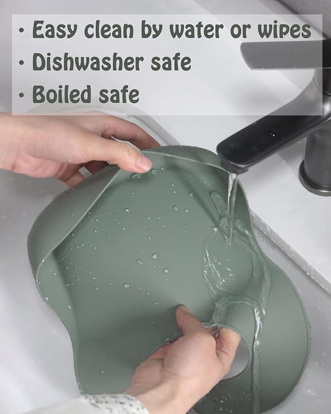 Ginbear Silicone Bibs for Babies, Waterproof Adjustable Silicon Rubber Baby Feeding Bibs with Food Catcher Pocket for Toddlers 6 Months+ (Dark Sage/Almond)