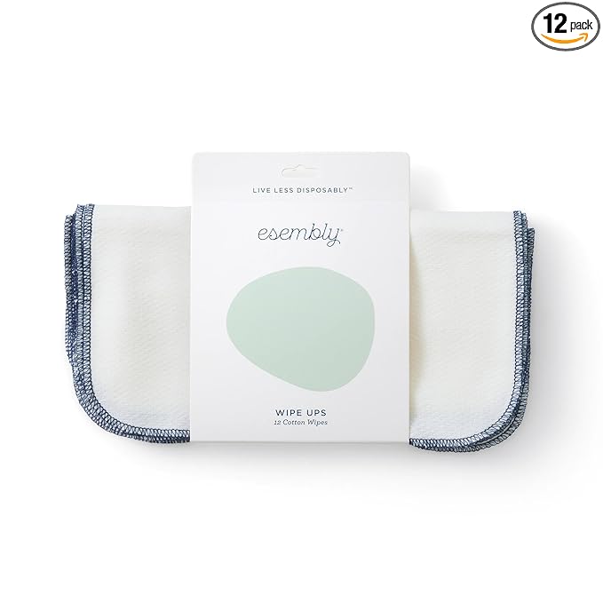 Esembly Wipe Ups, Organic Cotton Reusable Baby Wipes, Soft and Sturdy Washable Cloth Diaper Wipes, One Size, 12-pk