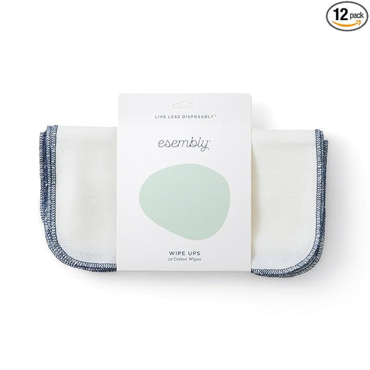 Esembly Wipe Ups, Organic Cotton Reusable Baby Wipes, Soft and Sturdy Washable Cloth Diaper Wipes, One Size, 12-pk