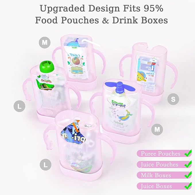 MOMUSE Dual-Lid Squeeze Pouch Holder for Food Pouches & Drink Boxes, Baby Pouch Holder with Larger Capacity, Versatile Design for Self-Feeding, Anti-Squeeze Pouch Holder No Spill No Mess, Pink
