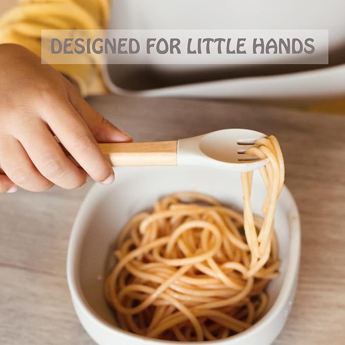 Ginbear Silicone Baby Spoons and Forks Self-feeding 12-18 Months, Soft Tip Baby Flatware Sets for Boy, Toddler Feeding Utensils for Child, 4 Piece Set (Gray/Blue)
