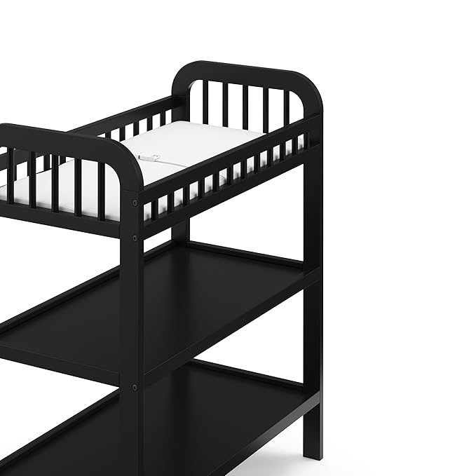 Storkcraft Pasadena Changing Table with Water-Resistant Changing Pad (Black) - GREENGUARD Gold Certified, Includes Bonus Water-Resistant Changing Pad with Safety Strap, 2 Open Shelves