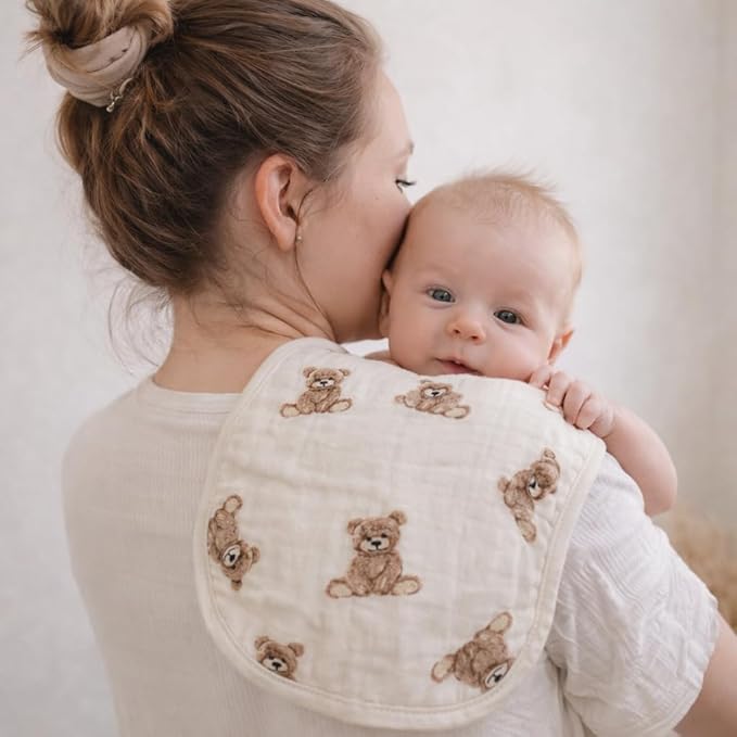 Ali+Oli 2-pk Muslin Burp Cloths for Baby Boys and Girls (Teddy-Taupe) Organic Baby Burp Cloth, Burp Rags for Newborn