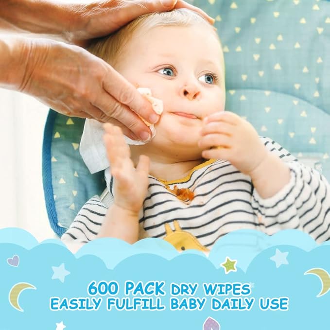 Orighty Baby Dry Wipes - Super Soft & Gentle Baby Washcloths, Use Wet or Dry, 100% Unscented Tissue for Babies Sensitive Skin, Ideal for Diaper Changes, Feeding, Nursing, Runny Nose & Drool, 600 Count