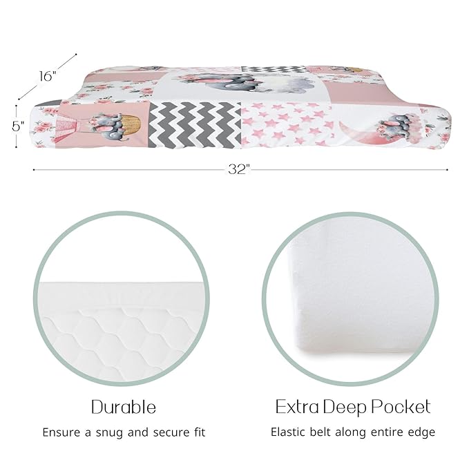 HawSkgFub Sleeping Elephant Floral Changing Pad Cover for Baby Girls Pink, Dream Big Little One Flower Diaper Change Table Covers, Soft Stretchy Safe Snug Fitted Changing Mat Sheets Fit 32"/34" x 16"