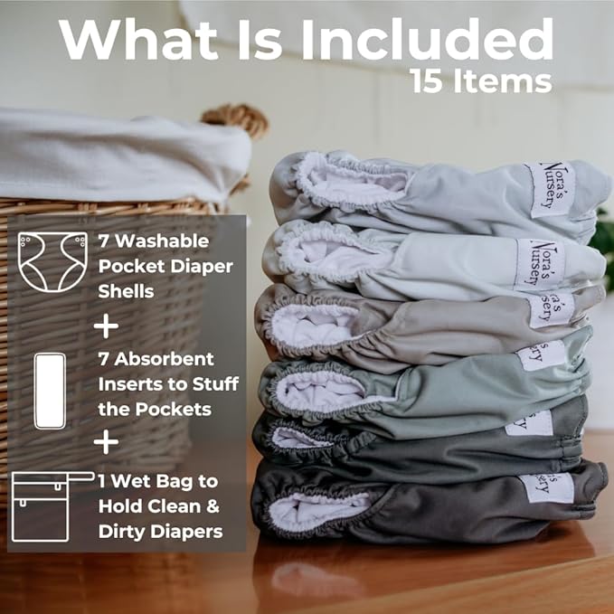 Nora's Nursery AWJ Cloth Diapers 7 Pack with 1 Wet Bag - Waterproof Cover, Washable, Reusable & One Size Adjustable Pocket Diapers for Newborns and Toddlers - Morning Dew