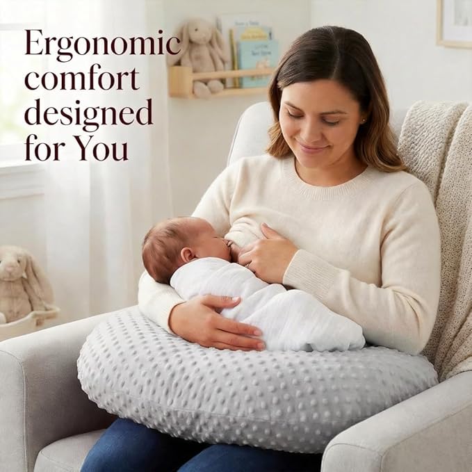 Nursing Pillow, Breastfeeding Pillows with Removable Cover for Mom with Breathable Filling, Ergonomic Baby Feeding Essentials for Bottle and Breastfeeding (Grey)