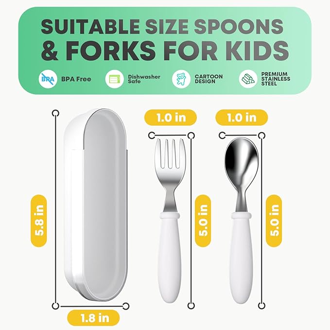 Toddler Utensils, Kids Stainless Steel Silverware Set, Toddler Forks and Spoons, Baby Utensils Set with Storage Box for Self Feeding Safe, Dishwasher Safe (2 Set with Case)