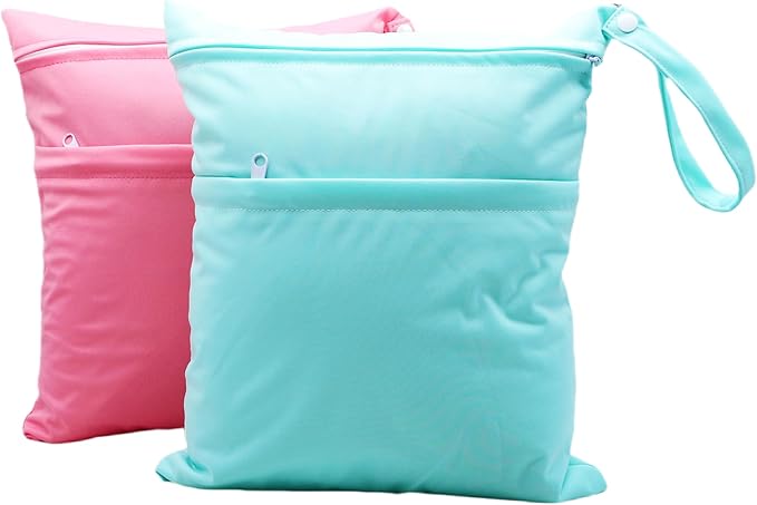 2pcs Cloth Diaper Wet Dry Bags Waterproof Reusable with Two Zippered Pockets Travel Beach Pool Daycare Soiled Baby Items Yoga Gym Bag for Swimsuits or Wet Clothes (3036-2-pinkmint)