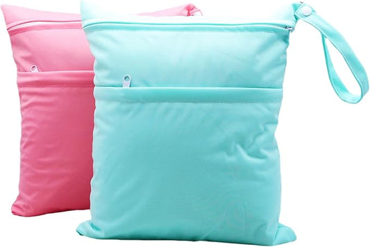2pcs Cloth Diaper Wet Dry Bags Waterproof Reusable with Two Zippered Pockets Travel Beach Pool Daycare Soiled Baby Items Yoga Gym Bag for Swimsuits or Wet Clothes (3036-2-pinkmint)