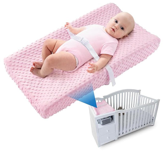 LOONAH Compact Small Changing Pad with Cover - 27" X 16" Contoured Baby Diaper Changing Pad for Combo Crib with Changing Table-Waterproof & Hypoallergenic, Safety Strap with Quick-Release Buckle-Pink