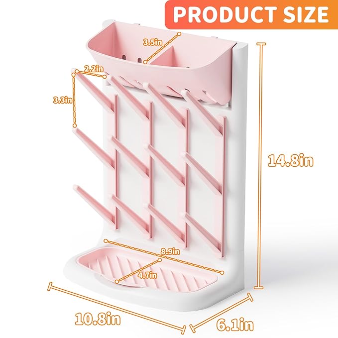 Yieach Larger Vertical Baby Bottle Drying Rack - BPA Free - Space Saving Feeding Bottles Drying Rack Holder for Countertop,Baby Bottle Holder Storage Station for Pacifiers,Pump Accessories Stand,Pink