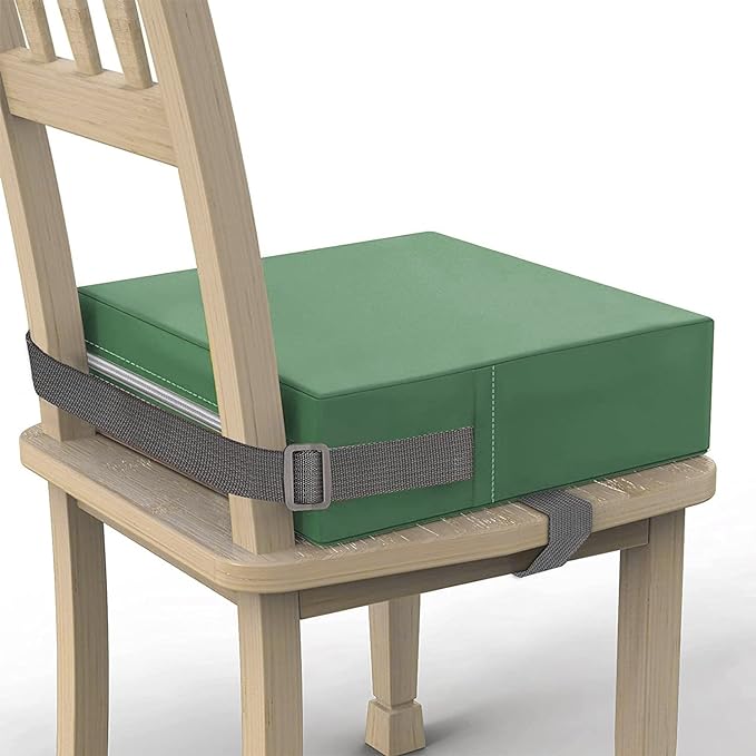 Toddler Booster Seat for Dining Table, PU Washable Double Safe Straps Non-Slip Bottom Booster Seat Dining Toddler, Portable Travel Increasing Cushion (Dark Green)
