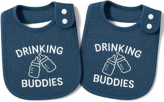 Twin Bibs – Ultra-Soft Cotton Yarn Twin Baby Bibs - 'Drinking Buddies' Design, High Absorbency, Perfect Infant Gift