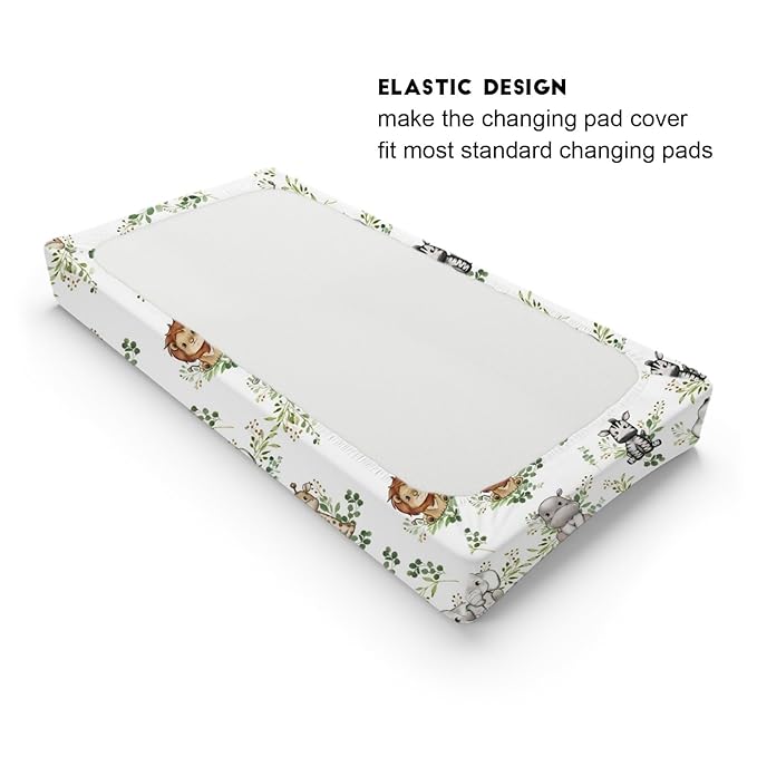 Baby Safari Animals Boho Green Leaves Changing Pad Covers Lion Elephant Giraffe Zebra Hippo Diaper Change Table Pad Covers for Girl Boy Soft Breathable Stretch Changing Mat Sheets 32''x16''