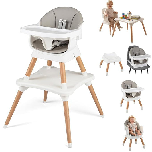 HONEY JOY 9-in-1 Baby High Chair, Convertible Wood Highchair for Babies and Toddlers/Dining Booster Seat/Table & Chair Set, Toddler Stool w/5-Point Safety Harness, Removable Cushion & Tray (Gray)