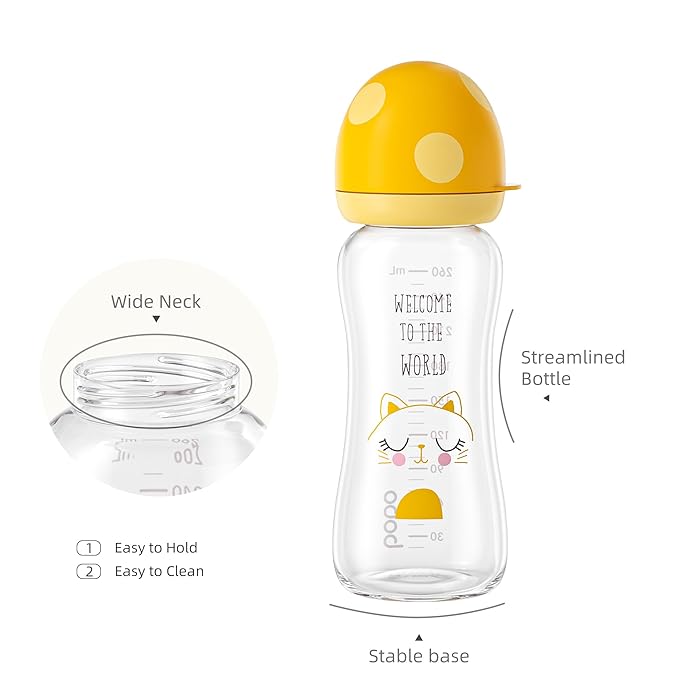YOHKOH Natural Glass Baby Bottle with Level 2 Medium Flow Nipple, Newborn Anti-Colic Baby Bottles, Wide Neck Mushroom Baby Glass Bottle (8.8ounce (Pack of 2), Yellow1)