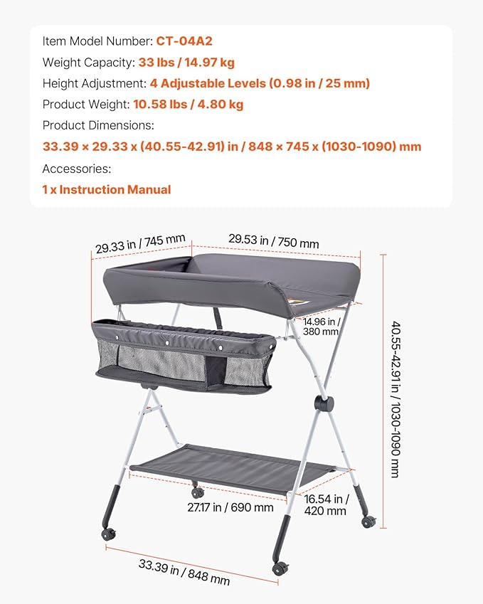 VEVOR Baby Changing Table, Foldable Diaper Change Station with Side Basket, Adjustable Height Changing Table with Lockable Wheels, Multi-Functional Nursery Storage Organizer, Dark Gray